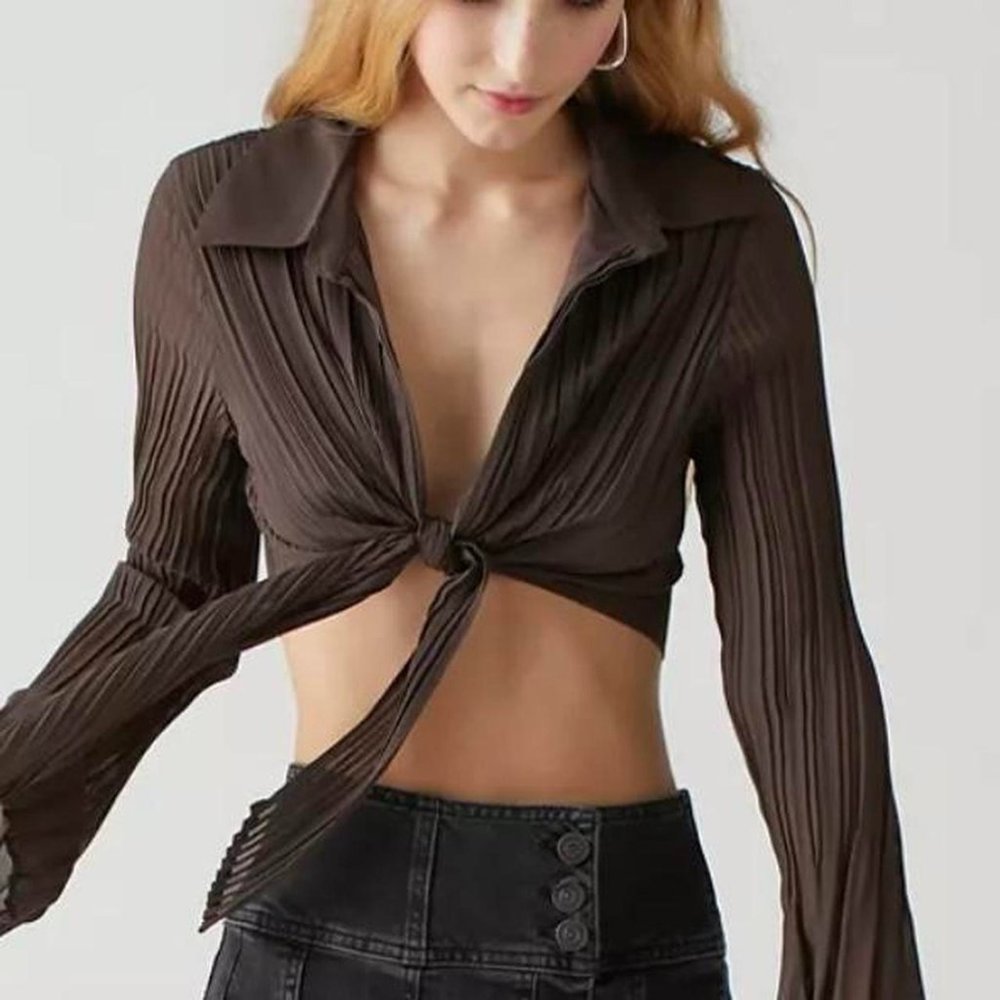 Urban Outfitters Rachel Plisse Brown Tie-Front Top